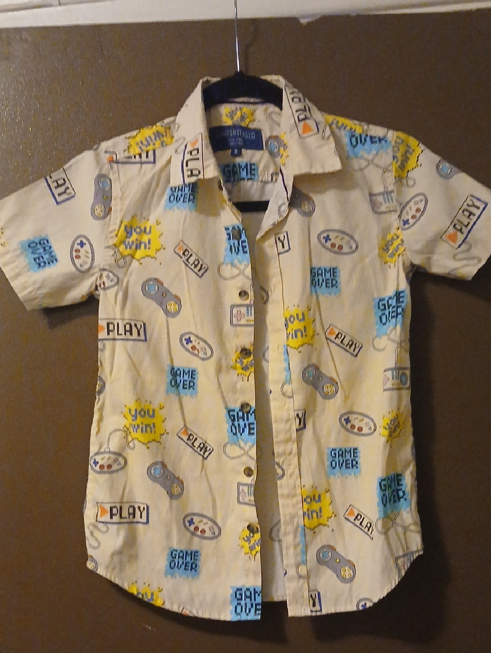 Children's Video Game Print Short Sleeve Button-Down Shirt - Cream/Yellow/Blue